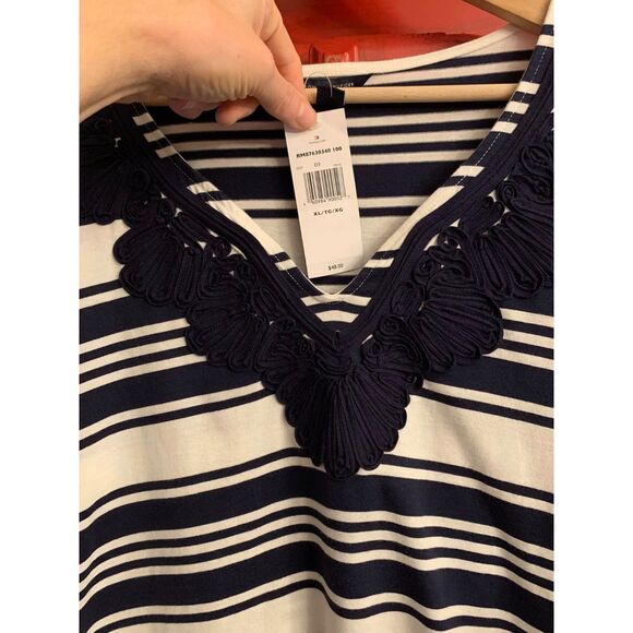 NWT Tommy Hilfiger Size XL Navy White Stripe 3/4 Length Sleeve Dressy Casual NEW - Picture 2 of 3